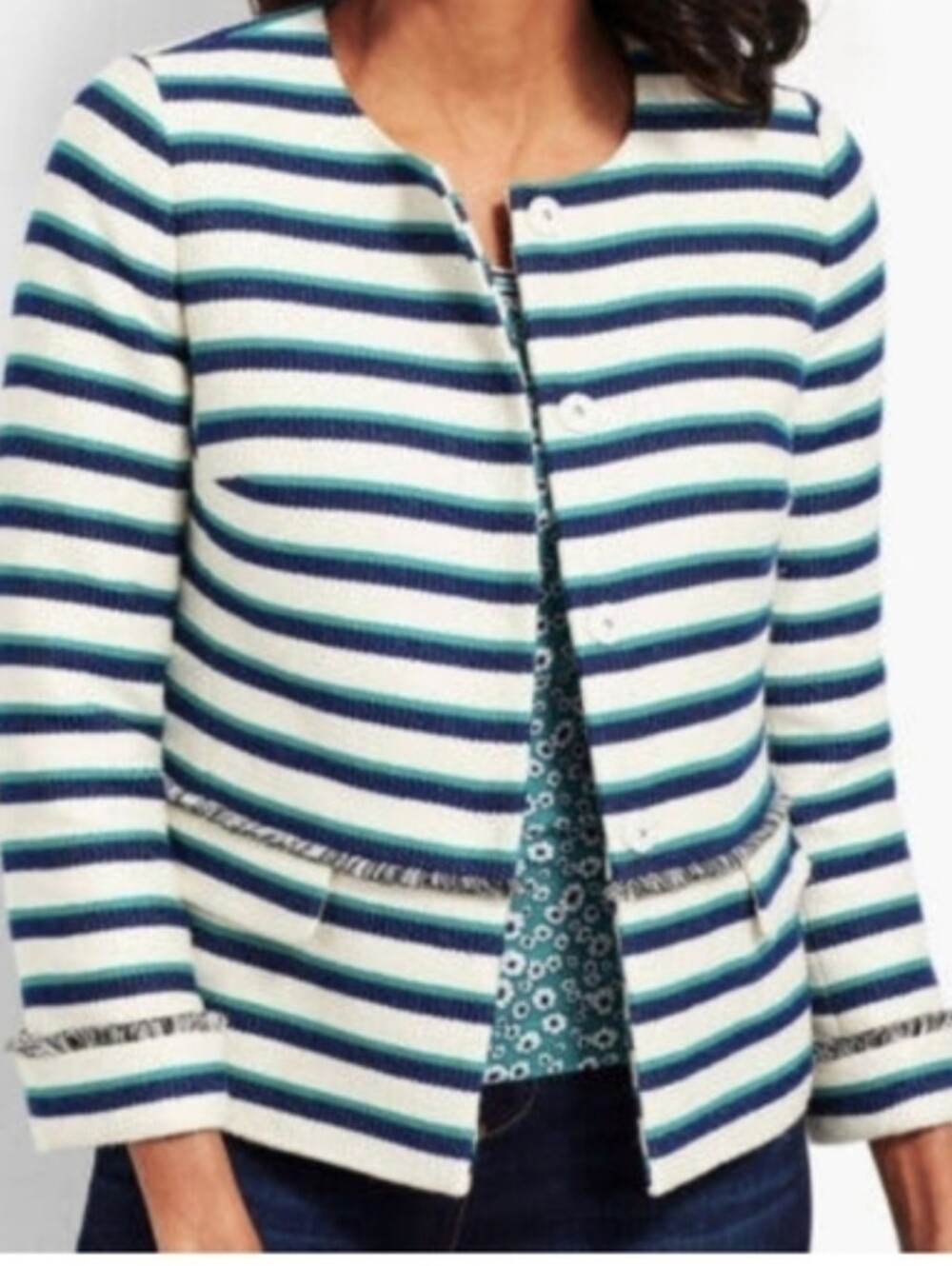 Talbots Navy, White & Teal Striped Button Jacket